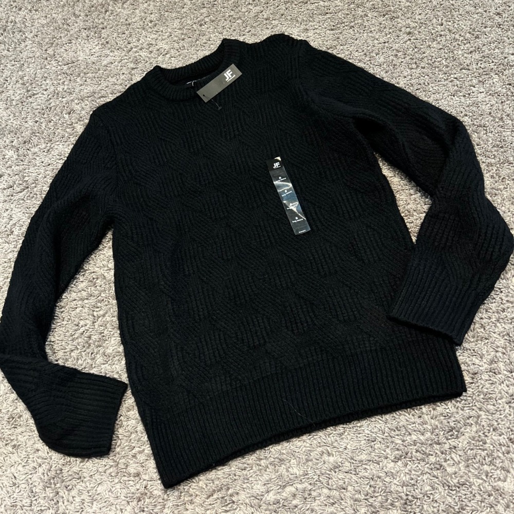 J‎ Ferrar Mens Small Black Diamond Cable Knit Crewneck Sweater Wool Blend NWT